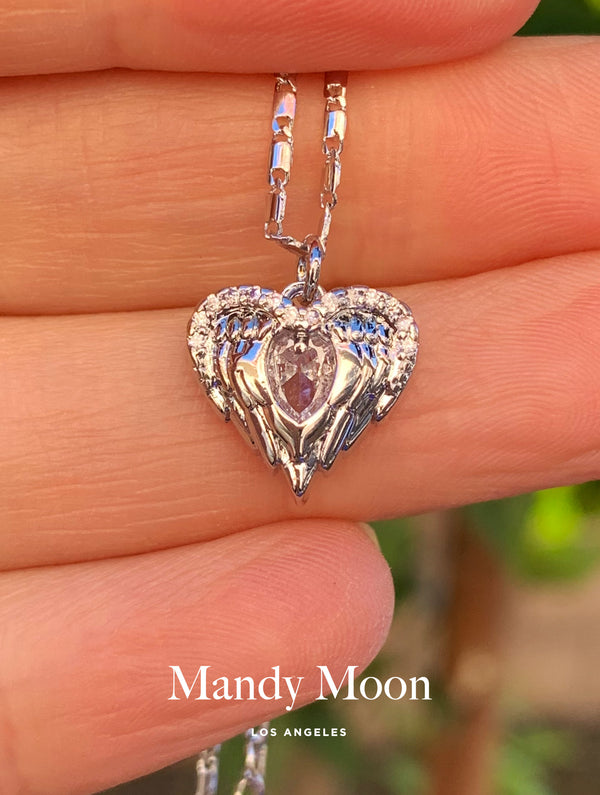 Angel Wrapped Heart Necklace - Silver