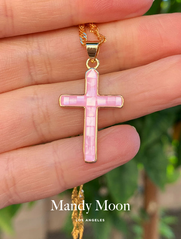 Pink Opal Shell Cross Necklace