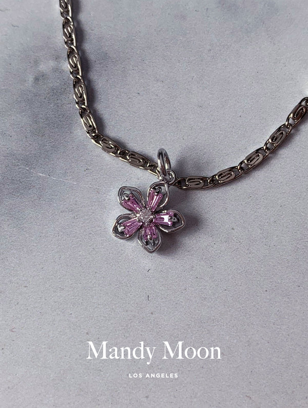Tiny Pink Hibiscus Necklace - Silver