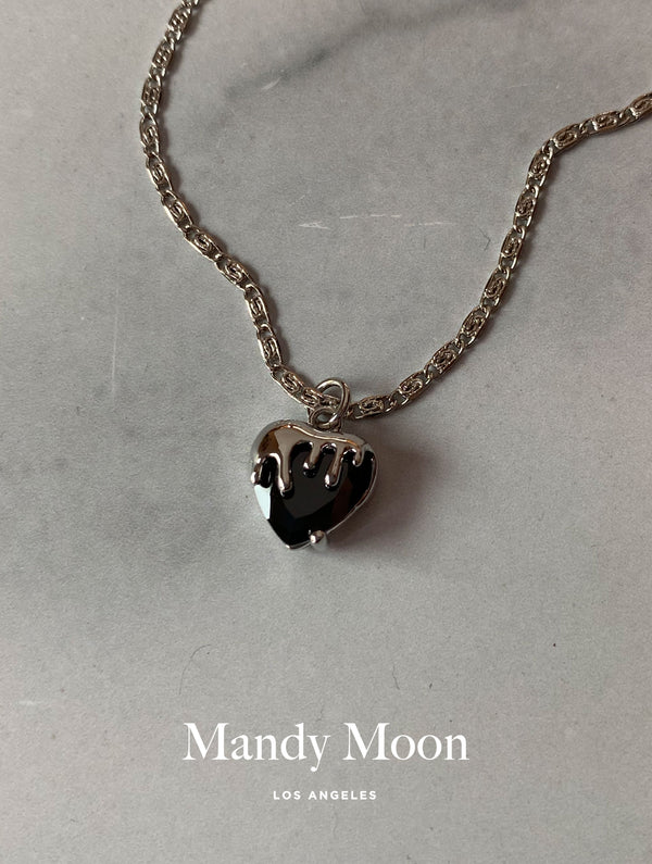 Melted Black Heart Necklace - Silver