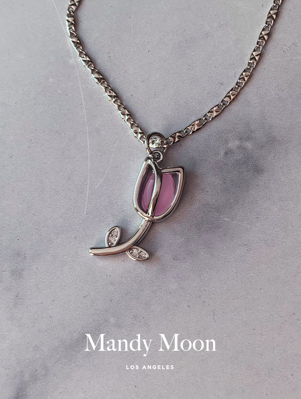 Pink Tulip Necklace - Silver
