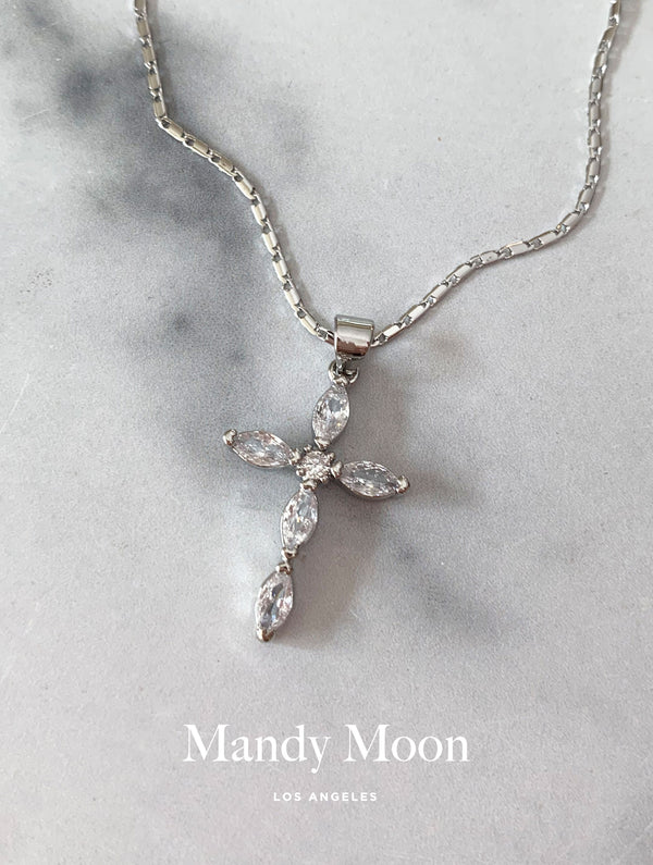 Encrusted Cross Necklace - Silver