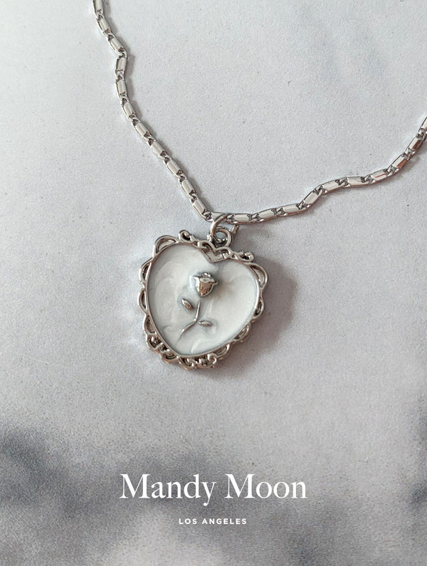 Rose Heart Lace Necklace - Silver