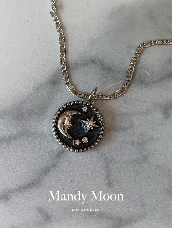 Black Celestial Moon Circle Necklace - Silver