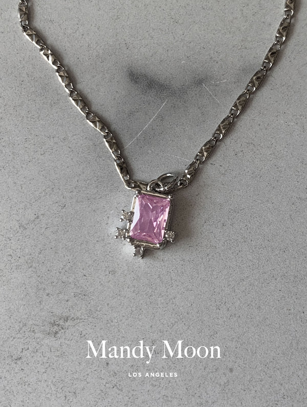 Pink Rectangle Necklace - Silver