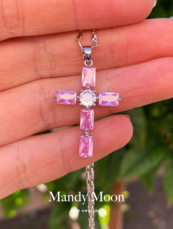 Pink Cross Necklace - Silver