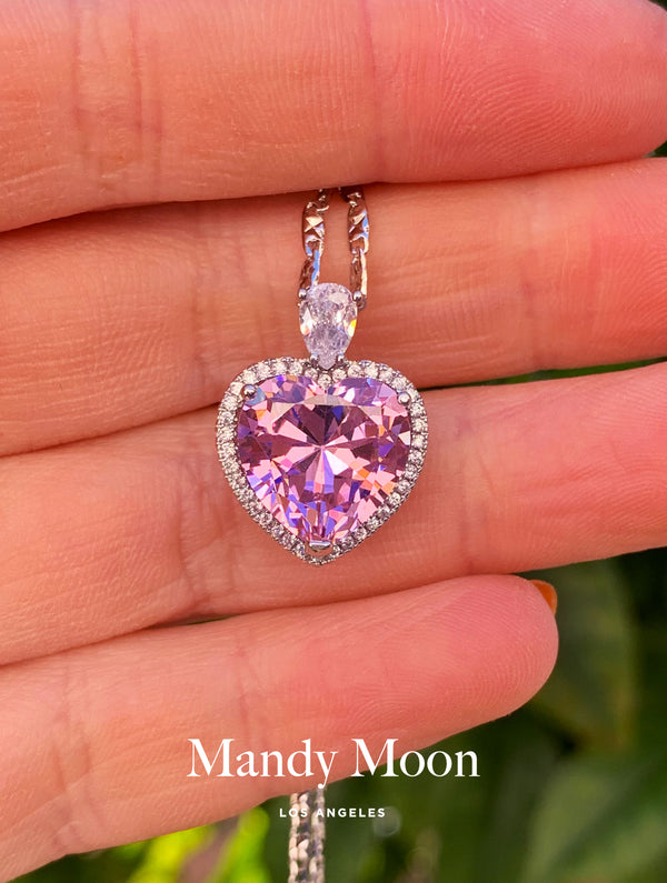 Pink Heart Drop Necklace - Silver