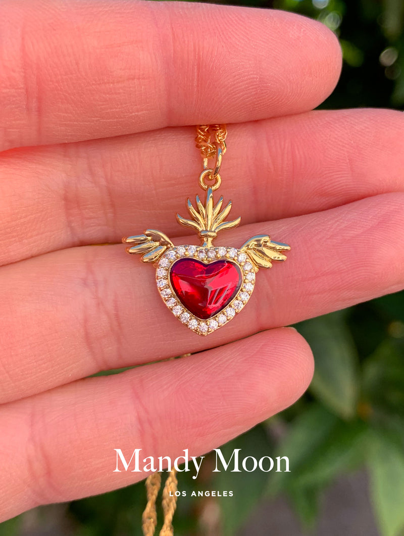 Heart Crown Wings Charm Necklace