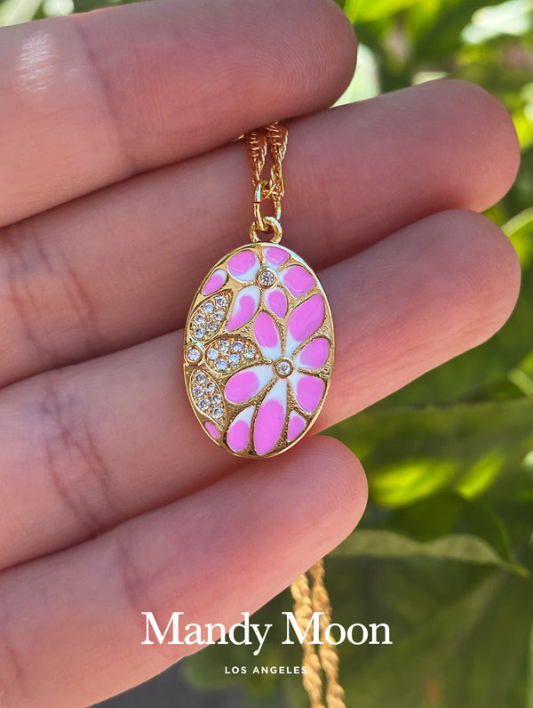 Oval Pink Flower Necklace