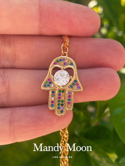 Heart Rainbow Hamsa Hand Necklace