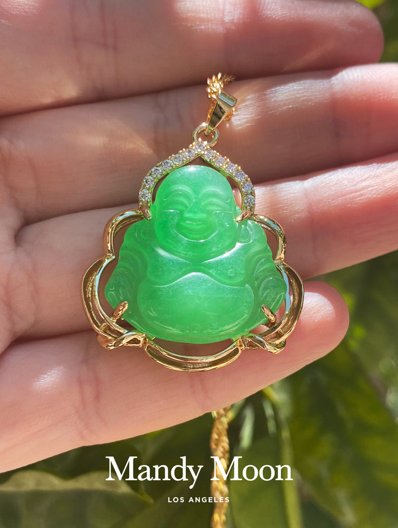 Natural Black Onyx & Green Jade Buddha Pendant Necklace