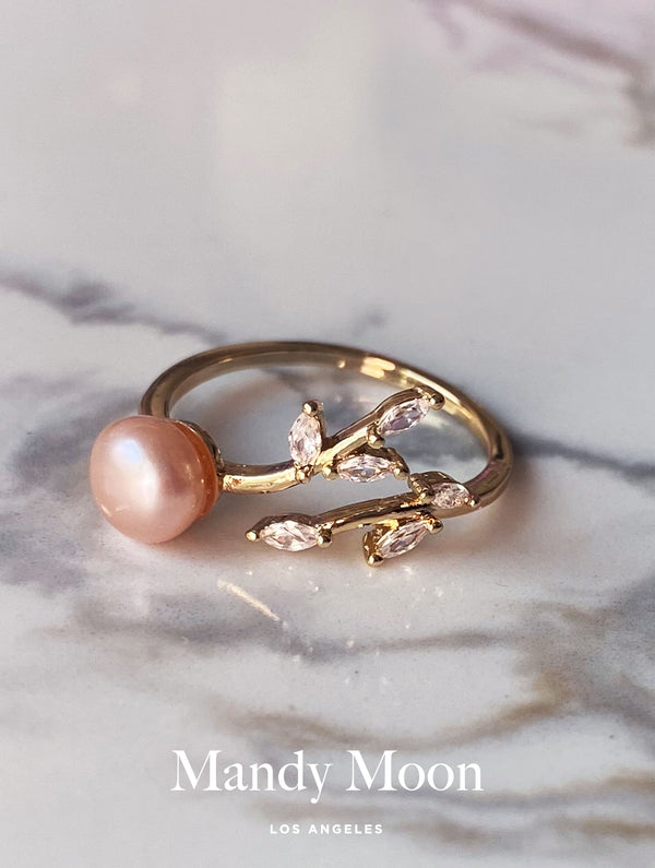 Pink Pearl Leaf Ring