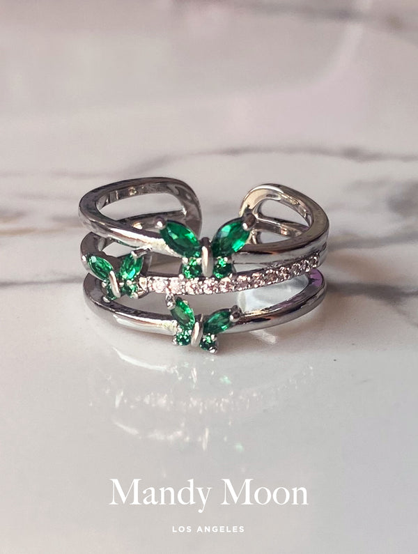Silver Green Butterfly Ring