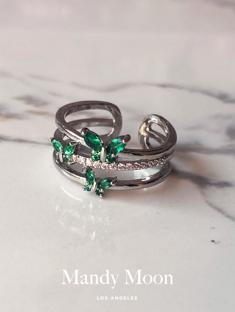 Silver Green Butterfly Ring